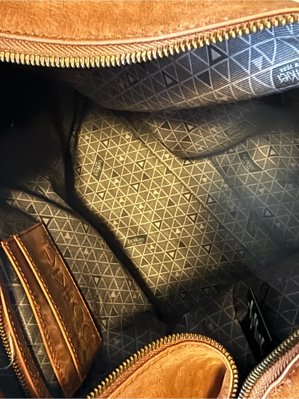 Botkier Brown Leather Zip-Top hobo bag with Crossbody Strap & Patterned Interior - Picture 6 of 9